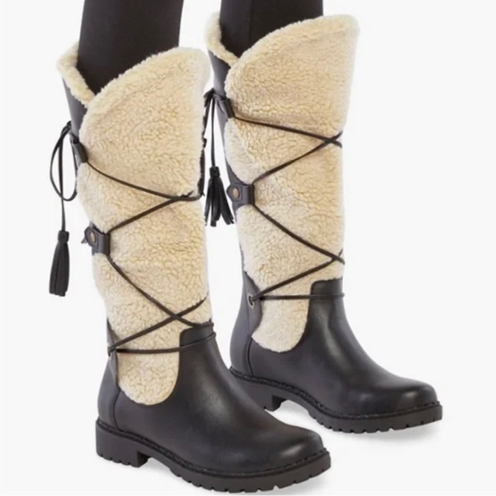 JustFab Black and Cream Lace-Up Faux-Shearling Knee Boots